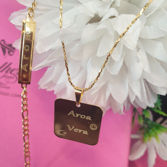 Pack Pulsera y Cadena y Placa Cuadrado Personalizado Gold T.S