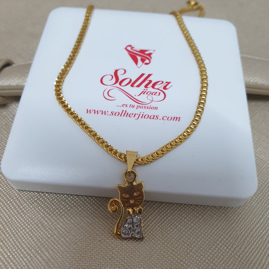 Cadena con Colgante Gato con Circonitas Gold.