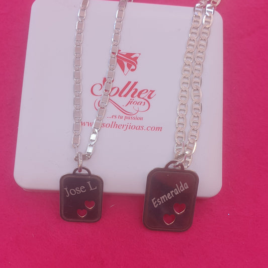Pack Cadena y Colgante Placa Dos Corazones Plata.
