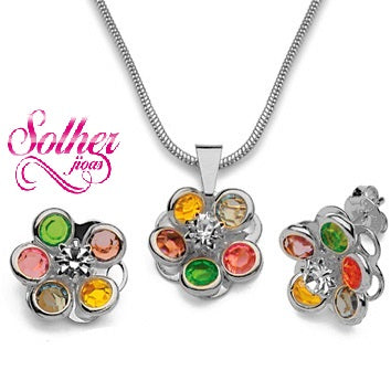 Conjunto Gardenias Multicolor Plata con Circónitas Finas .