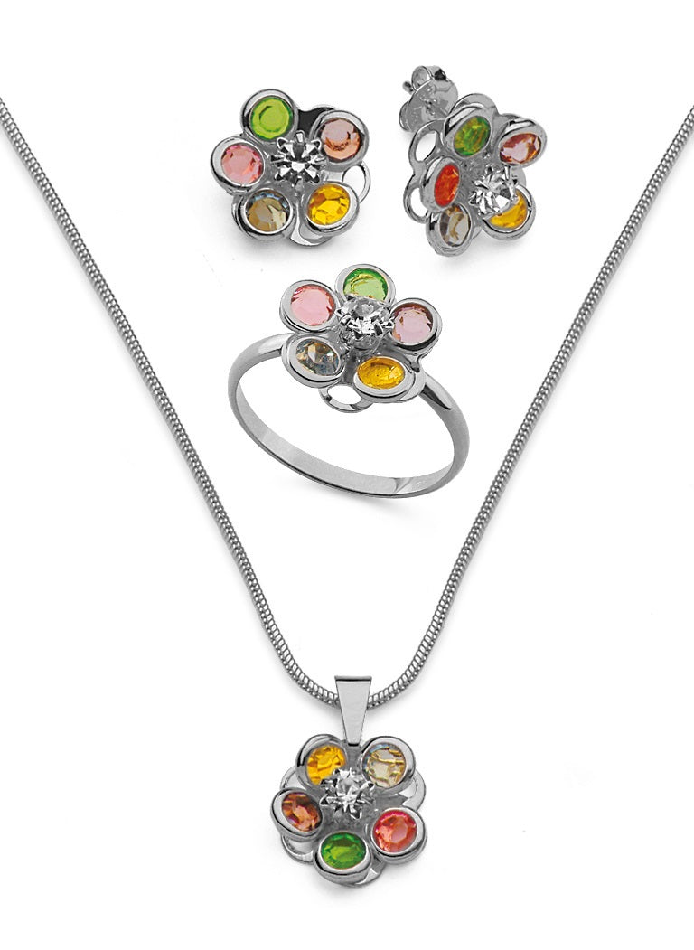 Conjunto Gardenias Multicolor Plata con Circónitas Finas .