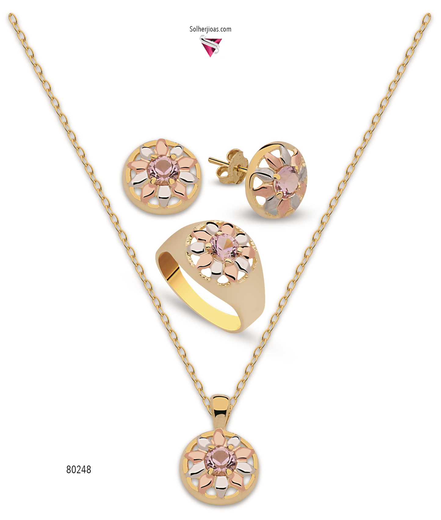 Conjunto Sol Estrella En Tres Gold Con Circón .