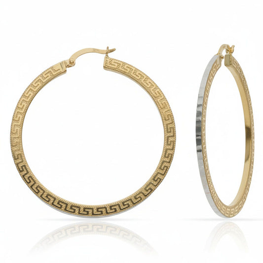 Argollas Relieve Greca y Canto Rodinado. 100% Oro 18 kT.