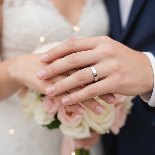 Alianza lisa en Oro blanco de 18 Kl. con canto diamantado. Terminación en brillo. Ancho de 4mm