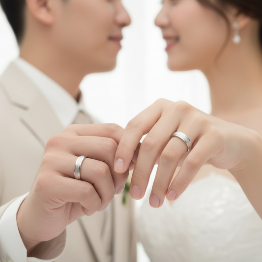 Alianza en Oro blanco de 18 Kl. con centro matizado con tallado y resto de la alianza en brillo.