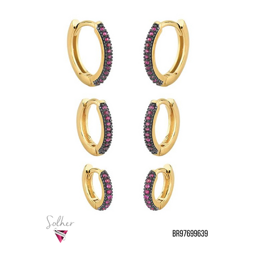 Trio de  Argollas con Circonitas Rubí Gold.