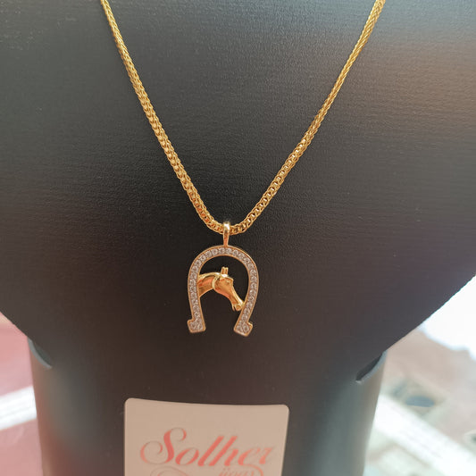 Cadena con Colgante Herradura con Circonitas Cabeza de Caballo Gold.