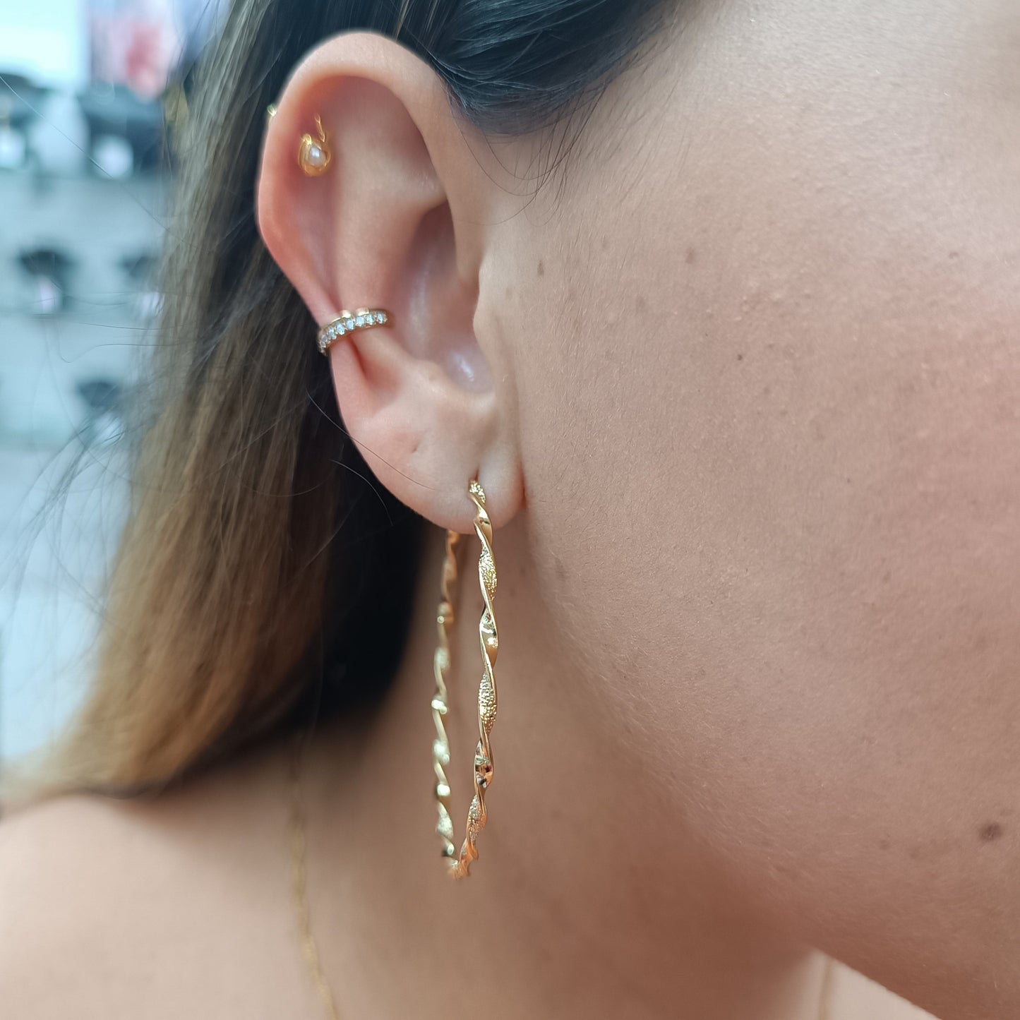 Argolla XXL trenzada diamantada Gold