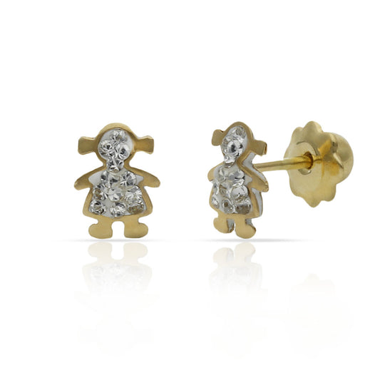 Pendientes de niña en 100%Oro de 18 Kl. con circonitas. Cierre de rosca. 5x6,5mm.