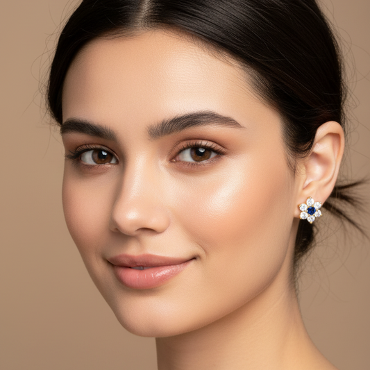 Pendientes roseta en 100% Oro de 18 Kl. con circonitas y crisopal en zafiro. 7mm.