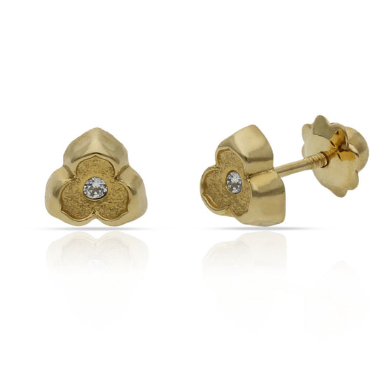 Pendientes de trébol matizados para Bebe en 100% Oro de 18 Kl. con circonitas. Cierre de rosca. 6x6mm.