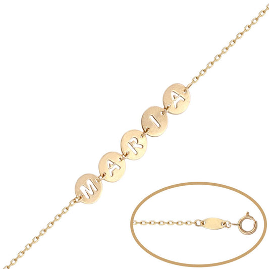 Pulsera círculos de nombre en 100% Oro de 18 Kl. con letras caladas.