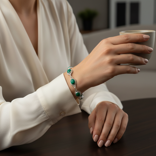 Pulsera Malaquita Verde Oval relieve Silver.