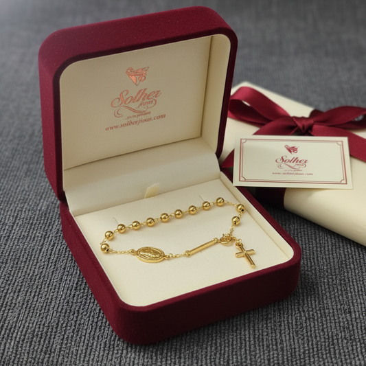 Pulsera Rosario bola 4mm cruz Gold.