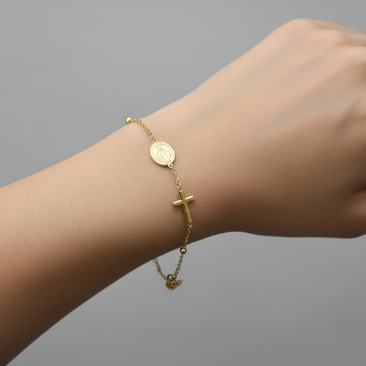 Pulsera Cruz y Virgen gold.