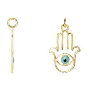 COLGANTE PLATA 925 MANO DE FATIMA OJO TURCO ESMALTE AZUL CLARO BRILLO ORO. T-M