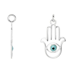 COLGANTE PLATA 925 MANO DE FATIMA OJO TURCO ESMALTE AZUL CLARO BRILLO PLATA. T-M