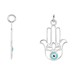 COLGANTE PLATA 925 MANO DE FATIMA OJO TURCO ESMALTE AZUL CLARO BRILLO PLATA. T-L.