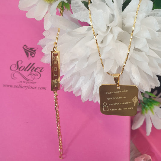 Pack Pulsera y Cadena y Placa Cuadrado Personalizado Gold T.S