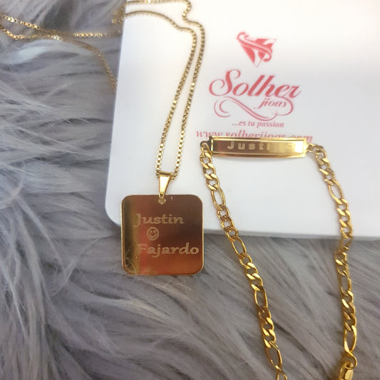 Pack  Cadena con Placa Cuadrado y Pulsera  Gold.