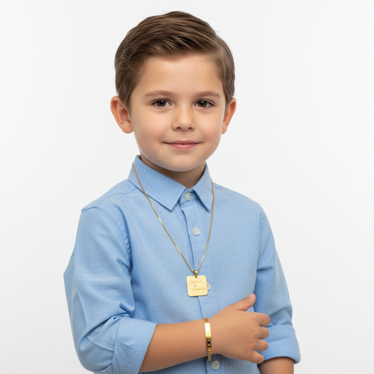 Pack  Cadena con Placa Cuadrado y Pulsera  Gold.