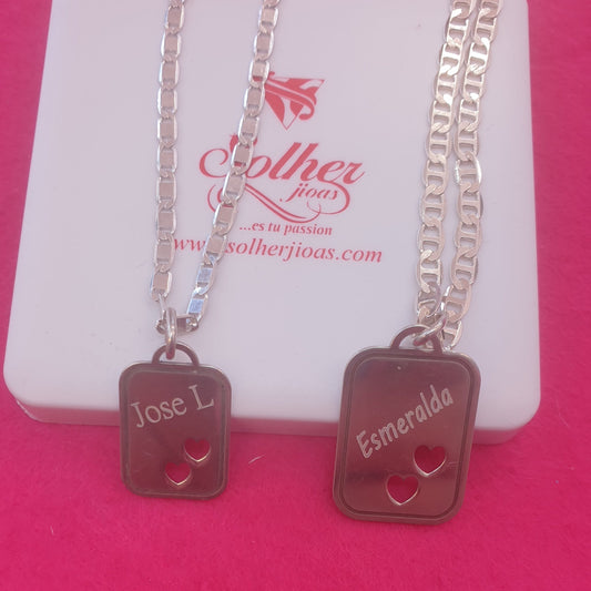 Pack Cadena y Colgante Placa Dos Corazones Plata.