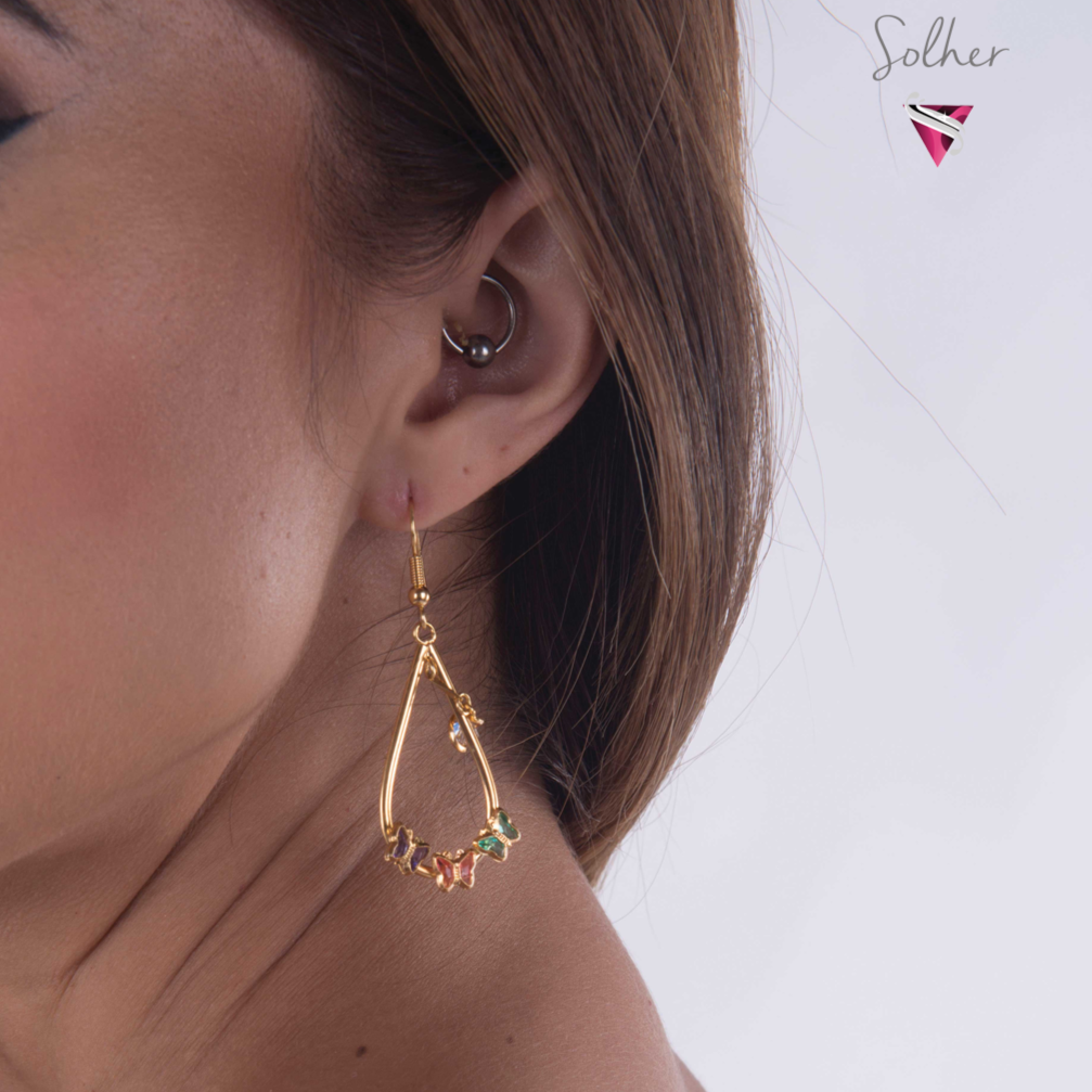 Pendientes Tres Mariposas con Cierre Gancho con Circonitas Gold.