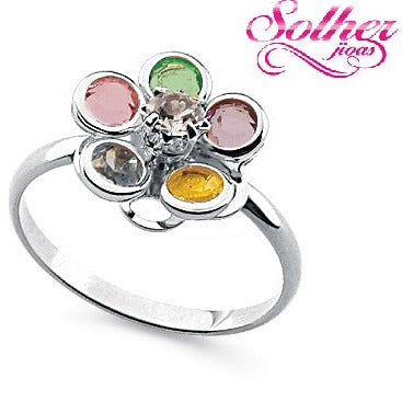 Anillo Flor Multicolor Circonitas Plata