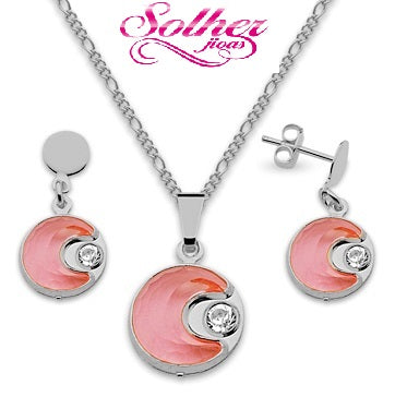 Conjunto Luna Cristal Rosa con Circón  Plata.