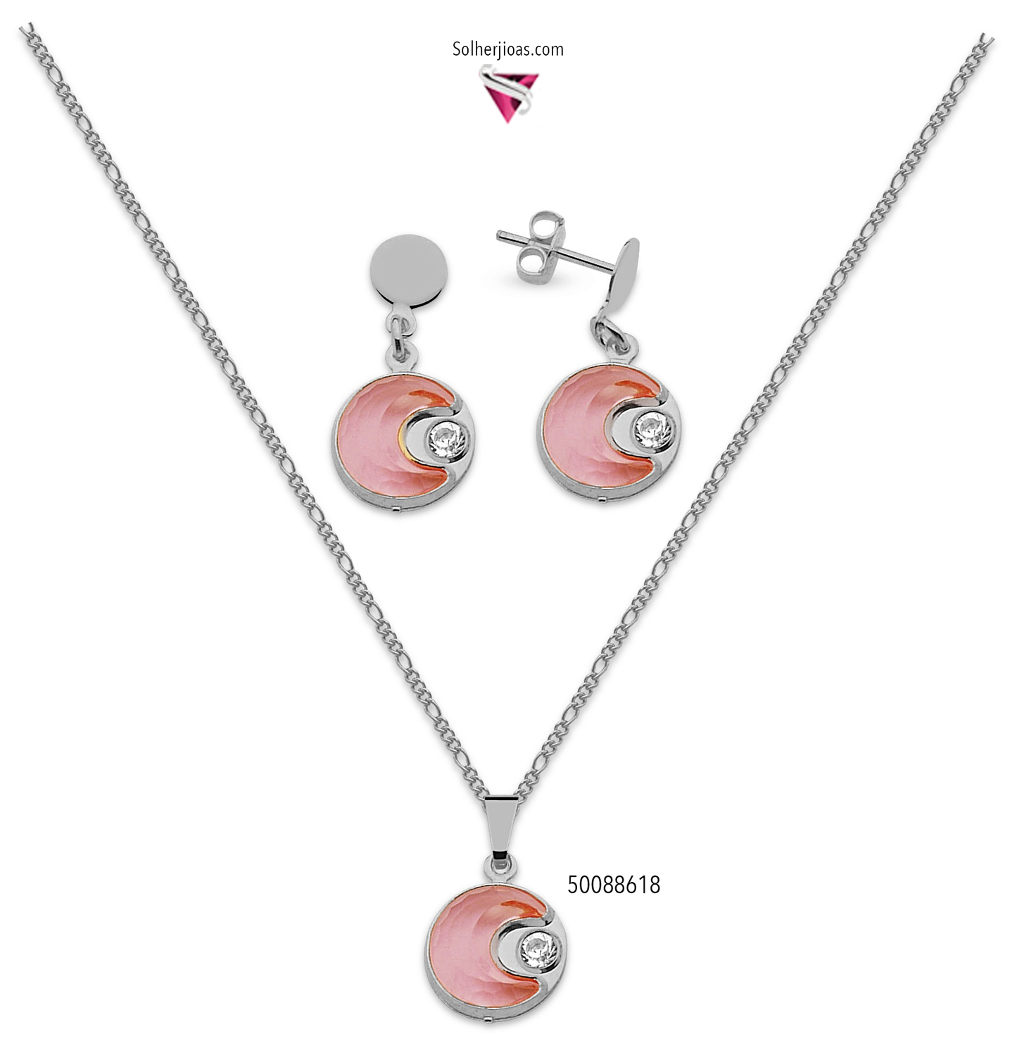 Conjunto Luna Cristal Rosa con Circón  Plata.