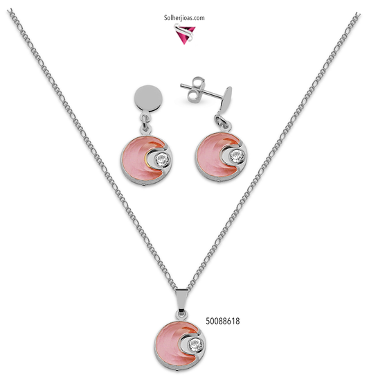 Conjunto Luna Cristal Rosa con Circón  Plata.