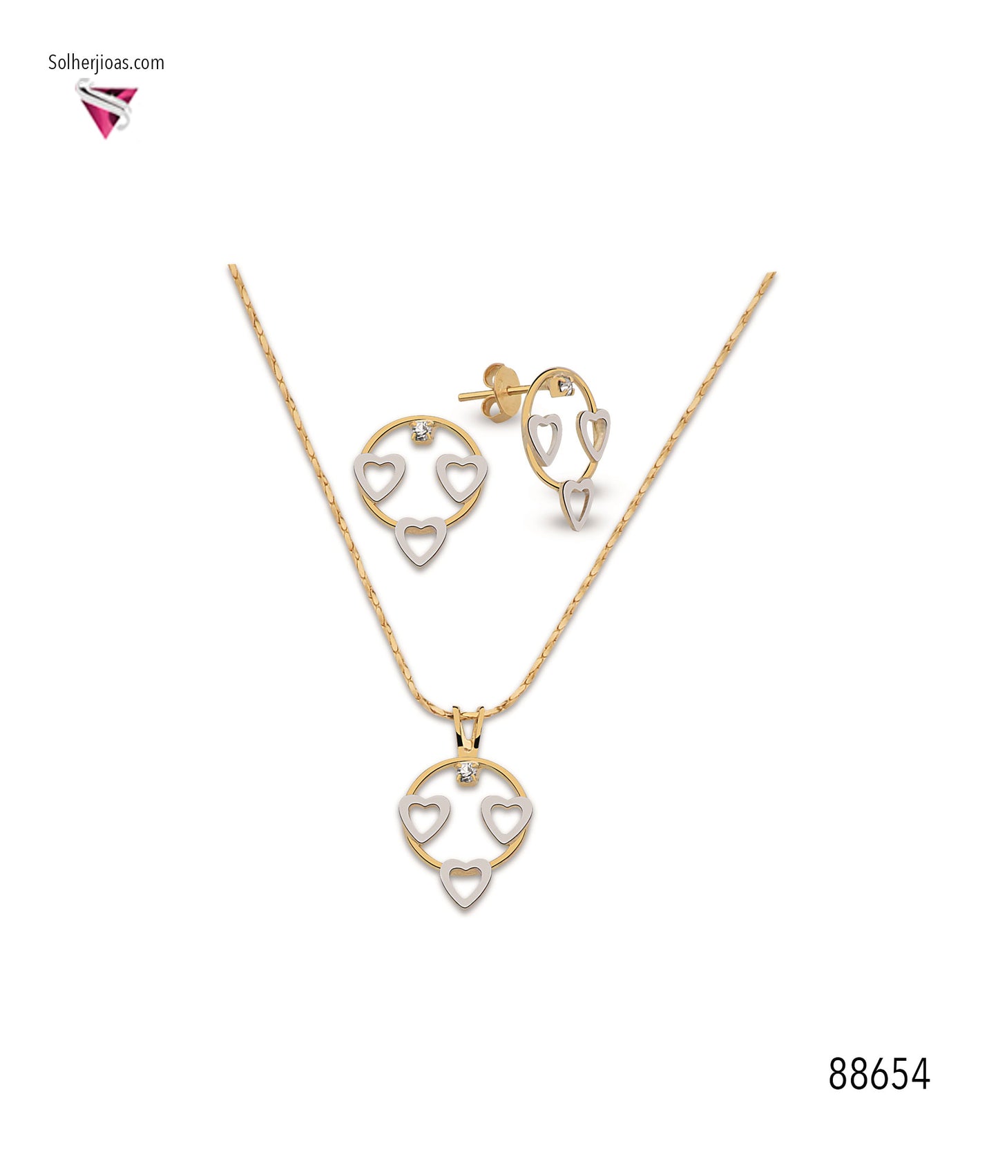 Conjunto Tres Corazones Circulo Gold con Circónitas .