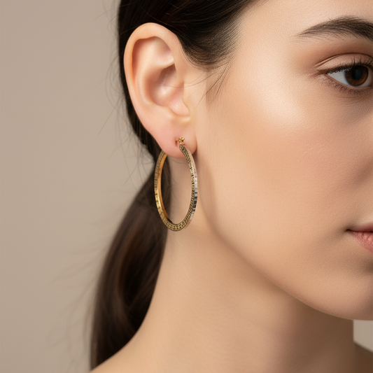 Argollas Relieve Greca y Canto Rodinado  L  . 100% Oro de 18 kilates .