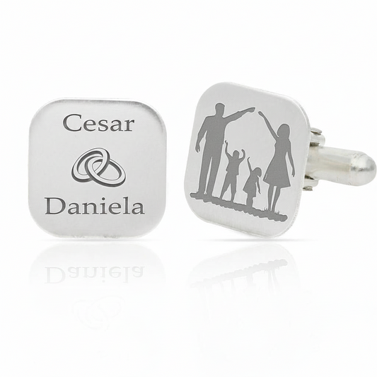 Gemelos cuadrados personalizados 100%&nbsp; en Plata de Ley 925mm Letras , Familia , Símbolos.