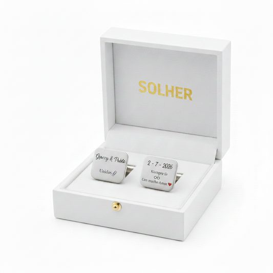 Gemelos rectangulares personalizados  100% en Plata de Ley 925 Grabado Nombre y Fechas