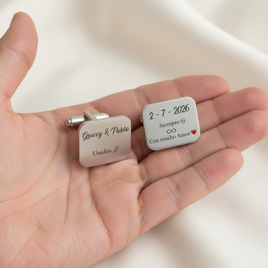 Gemelos rectangulares personalizados  100% en Plata de Ley 925 Grabado Nombre y Fechas