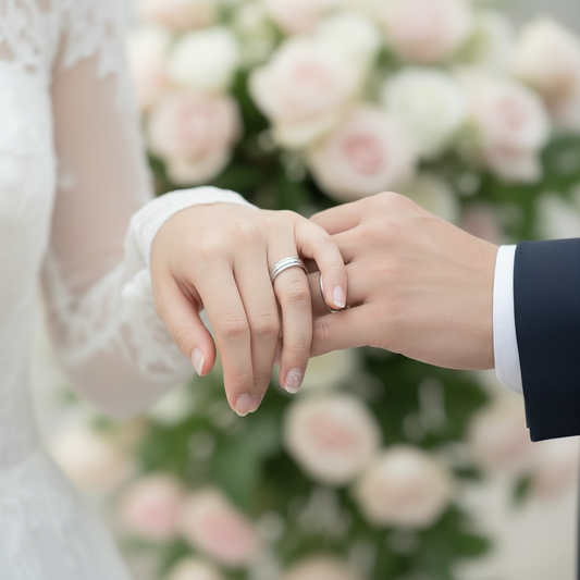 Alianza tallada en Oro blanco de 18 Kl.  Terminación en brillo - mate. Ancho de 4mm