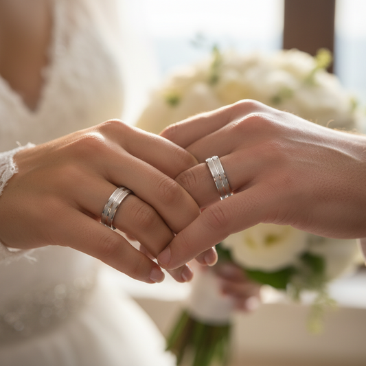 Alianza tallada de 4mm en Oro blanco de 18 Kl.  Terminación en brillo y mate. Matizada con líneas en brillo