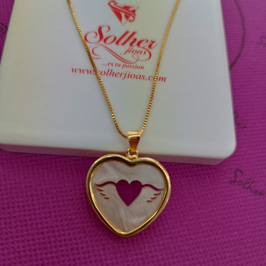 Gargantilla Mama en el Cielo Corazón Ángel  en Nacar con corte de corazón Gold.