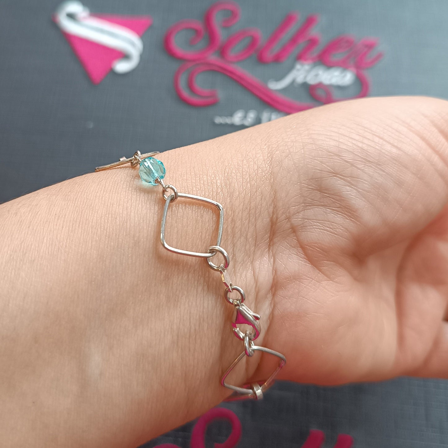 Pulsera Triangulo con Piedras Agua Marina Plata