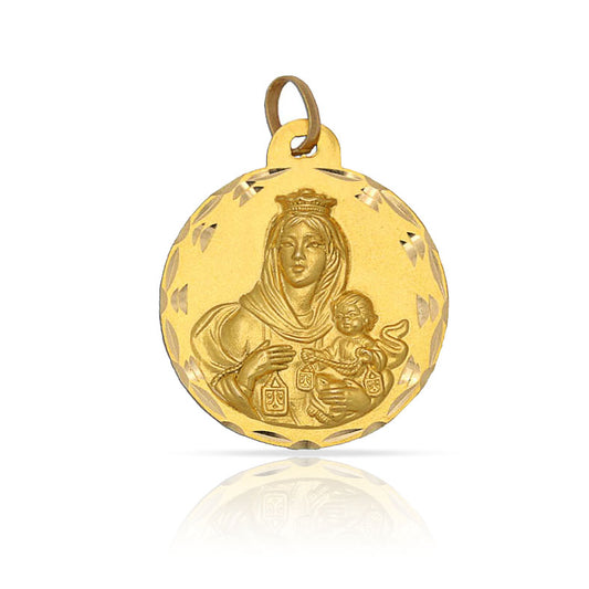 Medalla Virgen del Carmen  100%   en Oro amarillo de 18 Kl con borde tallado.