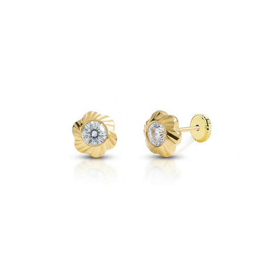 Pendiente para niña en 100% Oro de 18 Kl. con circonitas.  Cierre de rosca. 5mm.