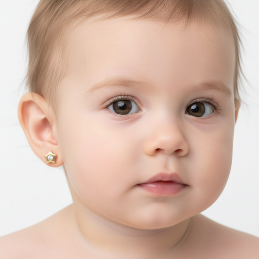 Pendientes de estrellas para bebe 100% Oro de 18 Kl. con circonitas.  Cierre de rosca.6mm.