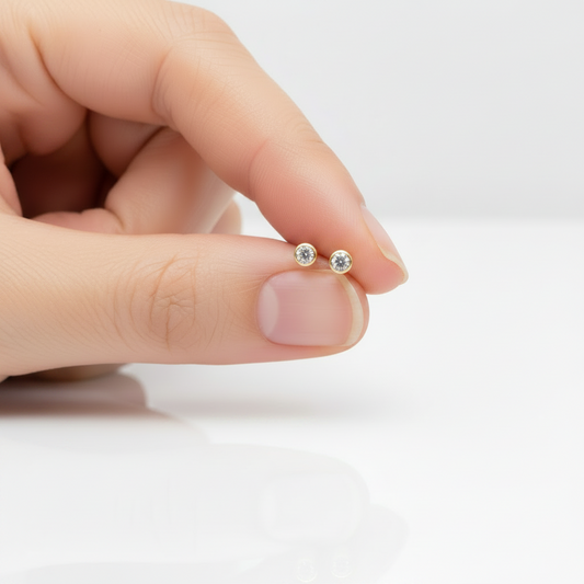 Pendientes redondos  para Bebe en 100% Oro de 18 Kl. con Circonitas.  Cierre de rosca. 3,5mm.
