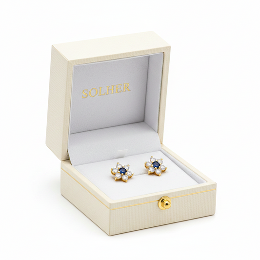 Pendientes roseta en 100%  Oro de 18 Kl. con circonitas y crisopal en zafiro. 7mm.