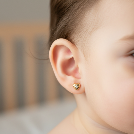 Pendientes de corazón para Bebe 100%  en Oro de 18 Kl. con circonitas.  Cierre de rosca. 4x4mm.