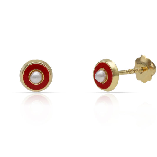 Pendientes redondos 100% en Oro de 18 Kl. con esmalte y perlas.  Cierre de rosca.