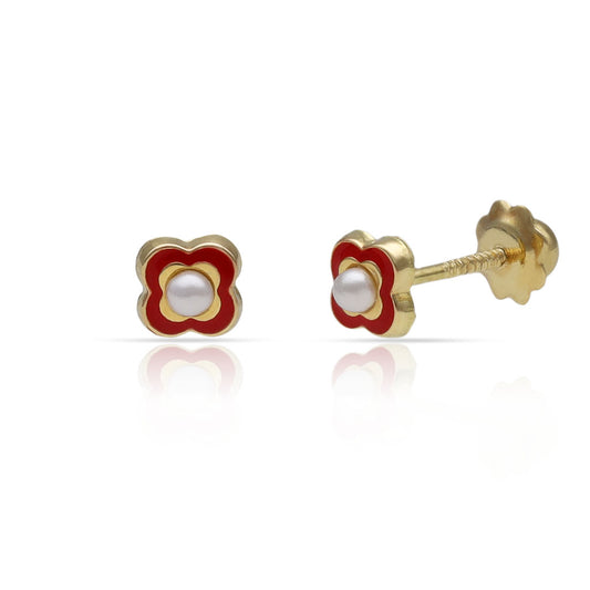 Pendientes de flor 100 % en Oro de 18 Kl. con esmalte y perlas.  Cierre de rosca.