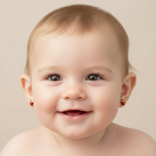 Pendientes de mariquita para Bebe  en 100%  Oro de 18 Kl. Cierre de rosca. 5x5,5mm.