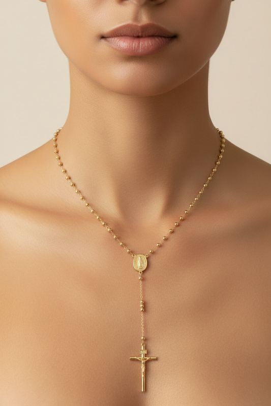 Rosario  100%   en Oro de 18 Kl. con la Virgen Milagrosa y cruz con cristo.